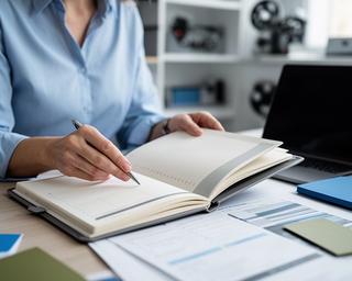 Responsabile di produzione con agenda aperta in un ufficio di studio audiovisivo