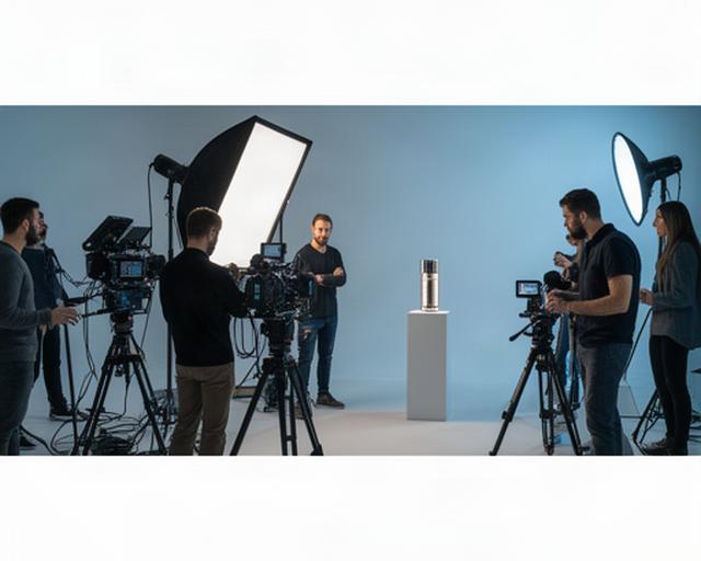 Team di produzione che prepara luci e prodotto su un set in studio a Modena